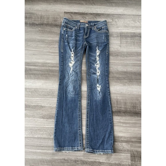 Cello Distressed Boot Cut Jeans Size 9 Embroidered Lace Back Pockets - Picture 1 of 7